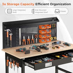 60" Adjustable Work Bench with Drawers, Workbench for Garage with Strip Light, Work Table with Large Pegboard, 2000 LBS Heavy Duty Table with Power Outlet Rubber Wood for Office, Workshop - Image 4