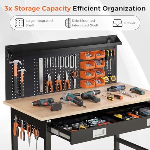 60" Adjustable Work Bench with Drawers, Workbench for Garage with Strip Light, Work Table with Large Pegboard, 2000 LBS Heavy Duty Table with Power Outlet Rubber Wood for Office, Workshop - Image 4