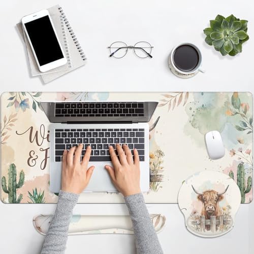 Arttown Keyboard Mouse Pad Set, 4 in 1 Desk Mat Set Cow Boho - Image 7