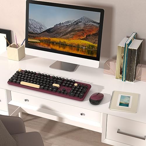 Retro Wireless Keyboard and Mouse Combo with Wrist Rest (Claret-Red) - Image 2