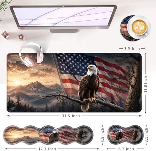 Large Keyboard Mouse Pad Set, Extended Mouse Pad+Keyboard Wrist Rest Support, Memory Foam Ergonomic Easy Typing, 4Pcs (31.5×11.8 in) Desk Pad Set for Office Home,Bald Eagle with American Flag - Image 6