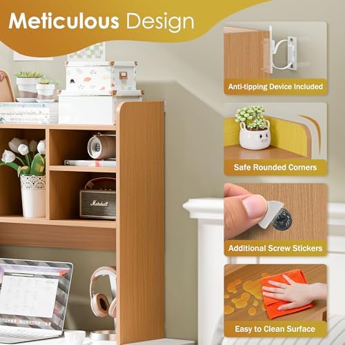 SUPER DEAL Desktop Bookshelf, Countertop Storage Hutch with 4 Shelves for Computer Desk, 2-Tier Display Rack, Multipurpose Wood Desk Hutch Storage Organizer for Home Office Dorm, Natural - Image 4