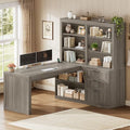 SEDETA Farmhouse L Shaped Computer Desk, 59'' Wood Office Desk with 3 Drawers and 5-Tier Bookshelf, Corner Desk with Storage Shelves and Power Outlet for Home Office Small Space, Grey by SEDETA