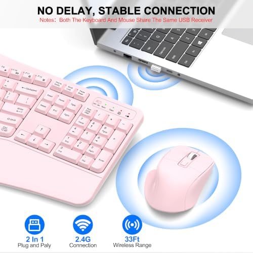Wireless Keyboard and Mouse Combo, 2.4G Ergonomic Wave Keys(Light Pink) - Image 5