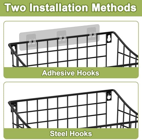 Wall Mounted Bin Basket with 5 Hooks 3 Label Plate Adhesive-3 Pack, Cabinet Hanging Metal Wire Basket,Rustic Farmhouse Decor, Storage Organization Shelf for Pantry Kitchen Bathroom 10.6*7.5*5.1inch - Image 3