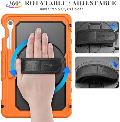 SEYMAC stock Case for Samsung Galaxy Tab S10 FE+ Plus 5G Tablet Case 13.1'' Protective with Screen Protector, Pen Holder, 360 Rotate Stand, Hand Strap, Shoulder Strap, Orange1 - Image 3
