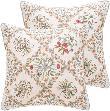ISAENNE Vintage Linen Throw Pillow Cover,Set of 2,18"x18"-Serenity A by Isaennehomedecoration