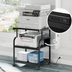 VECELO Adjustable Large Printer Stand with Power Outlet, 3-Tier Heavy Duty Cart on Lockable Wheels, Office Storage Table for Home Office, 3D Printer, Fax Machine, Scanner, Classic Black - Image 3
