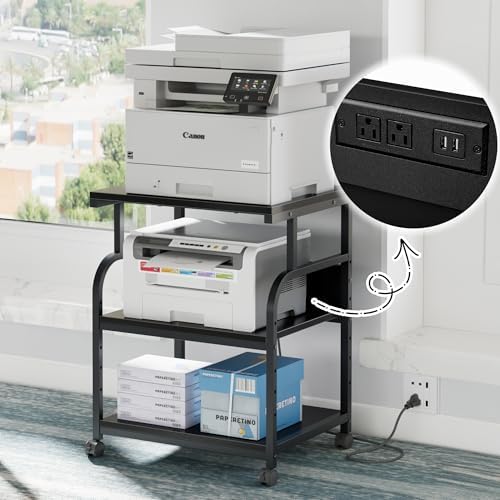 VECELO Adjustable Large Printer Stand with Power Outlet, 3-Tier Heavy Duty Cart on Lockable Wheels, Office Storage Table for Home Office, 3D Printer, Fax Machine, Scanner, Classic Black - Image 3