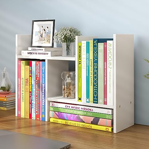 JLD Wood Adjustable 5-Shelf Desktop Bookshelf, Expandable Office Storage Rack, White by YSJILIDE