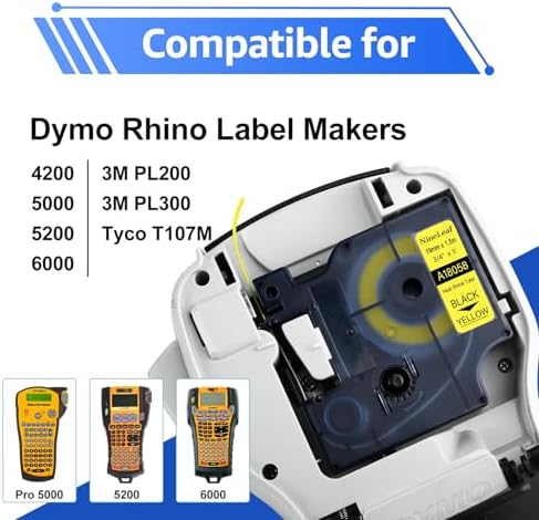 NineLeaf 8 Pack Compatible Labels Tape Replacement for Dymo 18058 3/4 inch Black on Yellow Heat Shrink Tube Labels 19mm x 1.5m for Wires and Cables Use in Rhino 4200 5200 5000 6000 3M Label Maker - Image 5