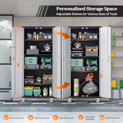 VINGLI 72'' Tall Garage Storage Cabinet, Metal Storage Cabinet with Wheels, Locking Doors and Adjustable Shelves (Black & Silver, 32''W x 16''D x 72''H) - Image 4