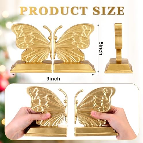 Kathfly Decorative Butterfly Bookends, Vintage Butterfly Book Ends, Resin Gold Bookends for Shelves, Heavy Duty Book Stopper for Desk Home Office, Shelf Decoration - Image 4