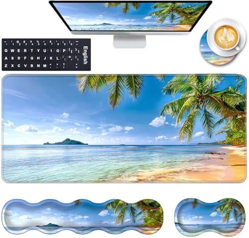 Keyboard Wrist Rest and Mouse Pad with Wrist Support Set Ergonomic Coaster,Memory Foam,Easy Typing Pain Relief,Large XL Desk Mat 31.5"x 11.8",Shore Palms Tropical Beach by CICPLKSE