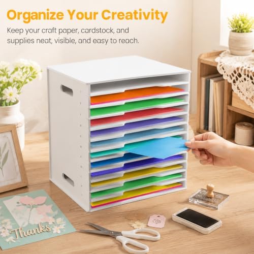 Timisea12 Tier Scrapbook Paper Organizer,White Cardstock A4 Paper Sorter Storage Rack,Scrapbook Organizer for Sizes 11" X 11" for Home Office & Classrooms,White Organizer Storage - Image 2