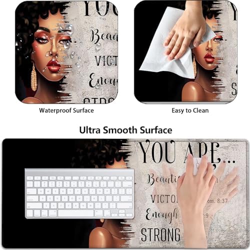 Large Gaming Mouse Pad+ Keyboard Wrist Rest Set, Ergonomics Memory Foam Mouse Mat Wrist Rest Support, Waterproof Extended Mousepad 31.5x11.8in, African American Women Black Girl Black Desk Pad - Image 2