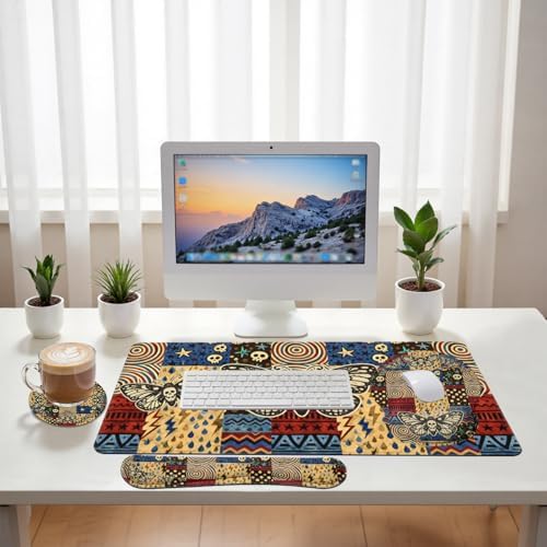 Skull Butterfly Desk Mat Set Vintage Patchwork Large Mouse Pad with Wrist Rest 4in1 Desk Mat for Desktop Ergonomic Computer Desk Arm Wrist Anti-Slip Computer Ergonomic Mouse Pad Home Office Gaming - Image 6