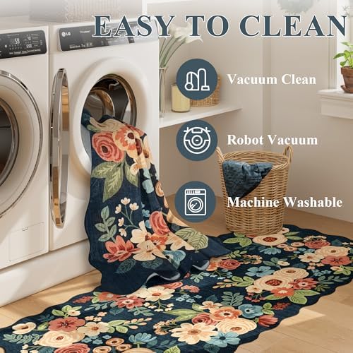 DUKINO 3x8 Kitchen Runner Rug, Floral Washable Rug for Hallway, Navy Blue - Image 7