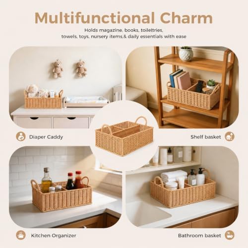 Diaper Caddy Organizer, Hand Rattan Nursery Baby Basket Changing Table Organizer for Baby Essentials, Baby Shower Gifts, Versatile Shelf Basket Bathroom/Kitchen Organizer (Blush Beige, L) - Image 6