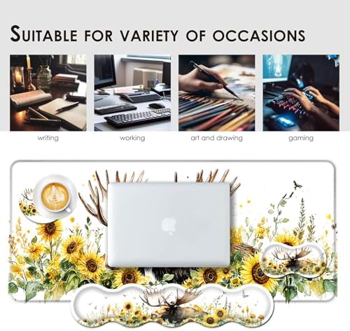 Large Keyboard Mouse Pad Set, Extended Mouse Pad+Keyboard Wrist Rest Support, Memory Foam Ergonomic Easy Typing, 4Pcs (31.5×11.8 in) Desk Pad Set for Office Home,Deer and Sunflowers - Image 7