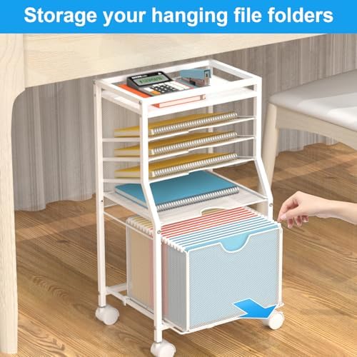 BOHDK Rolling File Cart, 6-Tier Desk File Organizer on Lockable Wheels, White Wood Planks & Mesh Sliding Hanging Folder Drawer, Organization Cart for Office Home School - Image 5