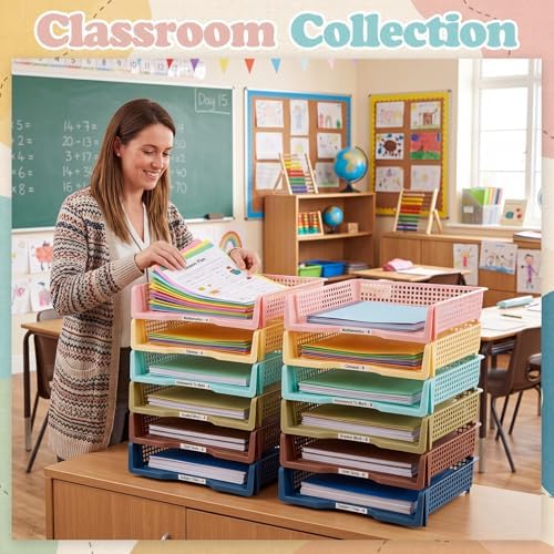 Weysat 12 Pcs Turn in Trays, Classroom Paper Tray, Morandi Tones, Wide - Image 4