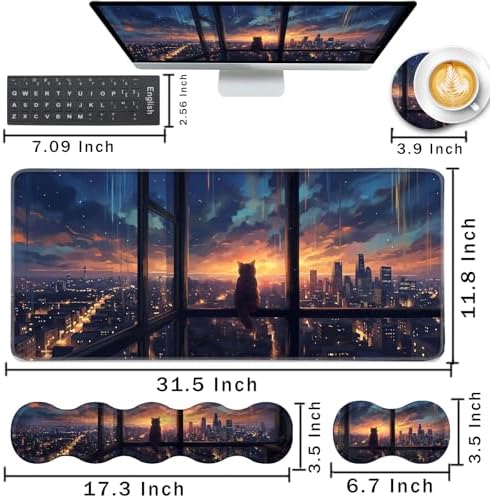 Keyboard Wrist Rest and Mouse Pad with Wrist Support Set Ergonomic Coaster,Memory Foam,Easy Typing Pain Relief,Large XL Desk Mat 31.5"x 11.8",Cat Sitting on Window - Image 2