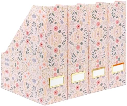 BLU MONACO | Cardboard Magazine File Holder Set of 4 | Standing File Holder with Floral Boho Design | Foldable Cardboard Bins for Shelves Desk Office Storage by Blu_Monaco