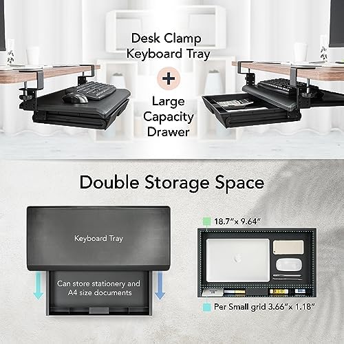 EHO Keyboard Tray with Drawer - Clamp On Under Desk Pull Out Extender Table Attachment Platform with Storage Organizer, Large 27.5" (31.8" Including Clamps) x 12.2", Height Adjustable for Home Office - Image 4