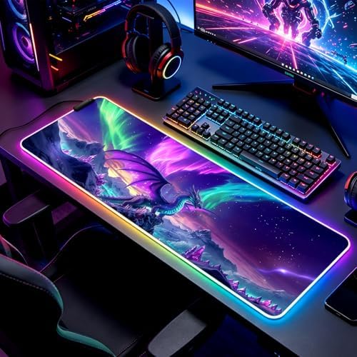 RGB Dragon Under Aurora Sky Gaming Desk Mat & Mouse Pad, XL - Image 5
