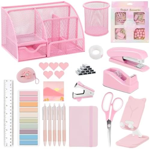 Office Supplies,Desk Accessories,Stapler and Tape Dispenser Set,1000 Staples,Staple Remover,Pen Holder,Folding Phone Holder,Journal Notebook,Ballpoint Pen,Scissor,Ruler,Clear Tape,Sticky Notes,Ect by musejoy