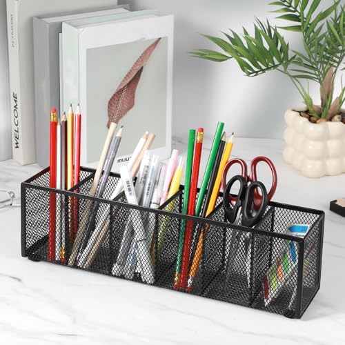 2 Pcs Black Metal Mesh Desk Organizer Pen Holder 6 Compartments Pencil Holder for Desk, pen organizer for Office Supplies, Pencil Caddy, Makeup Brush Storage, Home and Classroom Accessories - Image 6