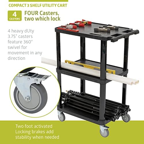 Pearington 3-Tier Compact Multi-Purpose Plastic Utility Cart with Lockable Wheels up to 300LBS, Black - Image 6