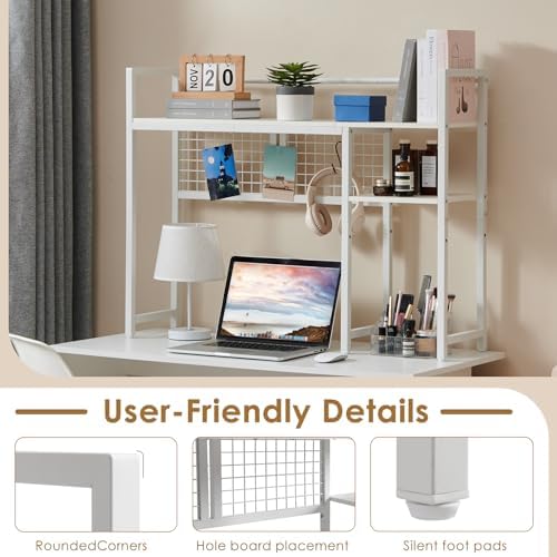4-Tier Desk Hutch Shelf with Grid Panel, 39” Desktop Bookshelf for Monitor, Office & Home (White, 39") - Image 5