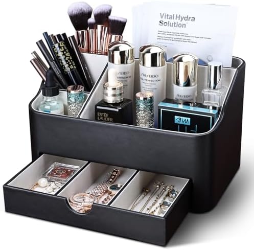 KINGFOM Desk Organizer with Drawer, Multifunction Pencil Holder for Desk, Desk Organizer and Accessories 5 Compartments for Home Office Supplies (Black) - Image 2