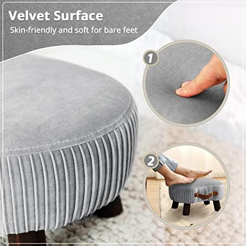 LUE BONA Small Curved Foot Stool with Handle, Gray Velvet Footstool and Ottomans, Modern Foot Rest with Wooden Legs, Step Stool with Padded Seat for Couch, Living Room - Image 6