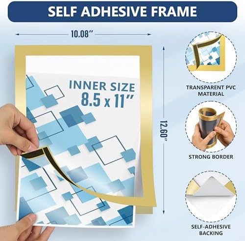12 Pack Magnetic Sign Holder 8.5 x 11 with Adhesive Back - Gold Magnetics Poster Frame & Magnetic Paper Holder - Reusable Adhesive Frames 8.5x11 - Magnet Frame for Wall Windows - Magnet Document Holders - Image 2