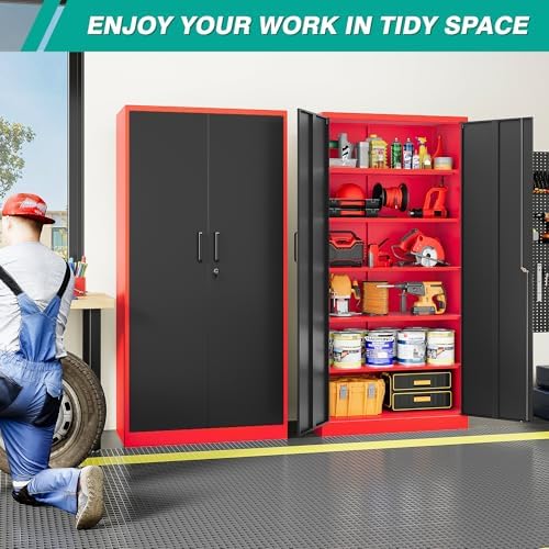 6 Tier Garage Storage Cabinet with 5 Adjustable Shelves,Metal Storage Cabinet with Lock,Red Black Metal Cabinet with Locking Doors,Steel Locker,71" Lockable Storage Cabinets for Home,Office,Garage - Image 2