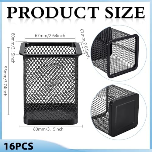 16 Pack Square Black Pen Holder, Metal Mesh Pencil Cups Bulk Pencil Holder Organizer Mesh Pen Holder for Desk Office Supplies School Classroom Desktop Accessories Makeup Brush - Image 2