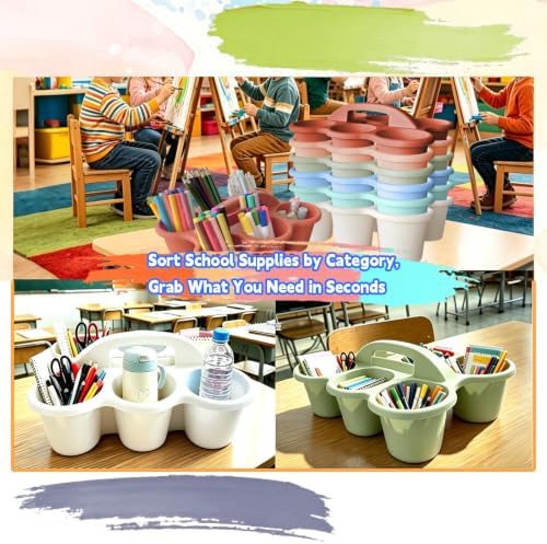 6 Pack Classroom Caddy Organizer with Handle Morandi Plastic Table Caddy 6 Compartments Storage Cup Holder for School Supplies Art Crafts Crayons Pencils Stackable Desk Daddy for Office - Image 6