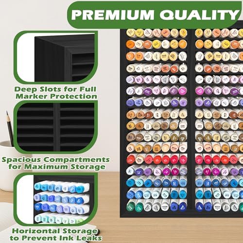 PROLEE Marker Organizer for 224 Markers, Wooden Alcohol Marker Holder with 32 Compartments, Horizontal Art Pen and Pencil Storage Rack for Desk, Classroom and Studio, Black - Image 4