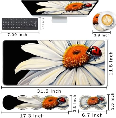 Keyboard Wrist Rest and Mouse Pad with Wrist Support Set Ergonomic Coaster,Memory Foam,Easy Typing Pain Relief,Large XL Desk Mat 31.5"x 11.8",Ladybug on Daisy Flower - Image 2