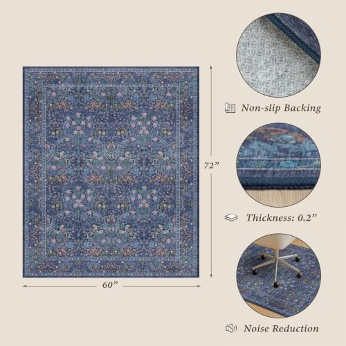 JTJ 5x6 Office Rug, Dark Blue Vintage Floral, Washable Non Slip - Image 2