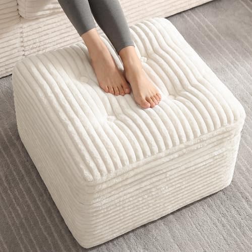 23.6in Pouf Ottoman, Corduroy Footstool Foot Rest Seating, Beige by Unknown