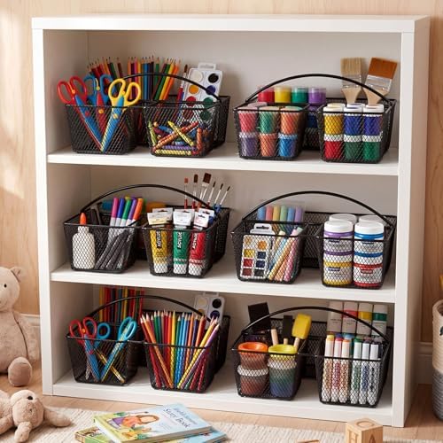 LemonRoad 6 Pcs Classroom Table Caddy Portable Metal Storage Caddy with Handle 3 Compartment Multipurpose Classroom Storage Organizer Caddies for Table Desk Office School Kids Room (Black) - Image 2