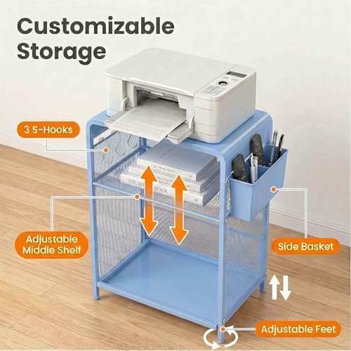 ECOLOVI Small 3 Tier Printer Stand for Under Desk, Height Adjustable Shelf Printer Table with 3 S-Hooks & Basket, Heavy Duty Industrial Storage Shelf for Home Office (Blue) - Image 6