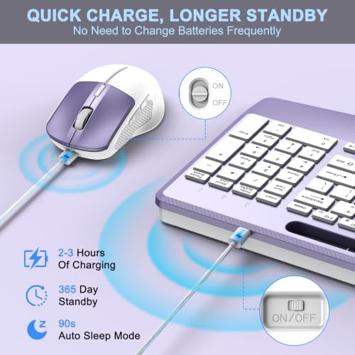 Rechargeable Silent Wireless Keyboard and Mouse Combo, Ergonomic Wrist Rest & Phone Tablet Holder, USB-C Adapter Included, 2.4G Lag-Free Cordless Set for Windows Mac Laptop PC Home Office (Purple) - Image 5
