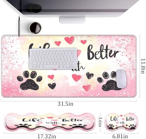 Keyboard Wrist Rest+Mouse Wrist Pad+Desk Pad Set,Memory Foam Ergonomic Easy Typing Pain Relief for Computer Laptop Office Home - Glitter Dog Paw Prints - Image 4