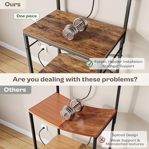 SUPERJARE Kitchen Bakers Rack with Power Outlet, Coffee Bar Table 4 Tiers, Kitchen Microwave Stand with 6 S-shaped Hooks, Storage Shelf Rack for Spices, Pots and Pans - Rustic Brown - Image 3