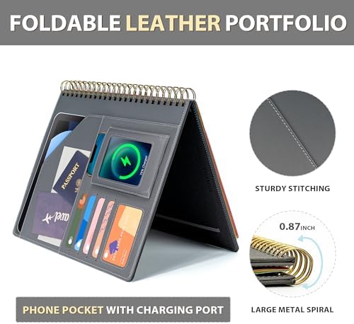 Ospelelf Clipboard with Storage for Men Women, Leather Padfolio Portfolio Organizer 5 Folders with 10 Pockets, Spiral Clipboard Folio with Notepad for Letter Size, Elastic Closure and Pen Loop Grey - Image 6